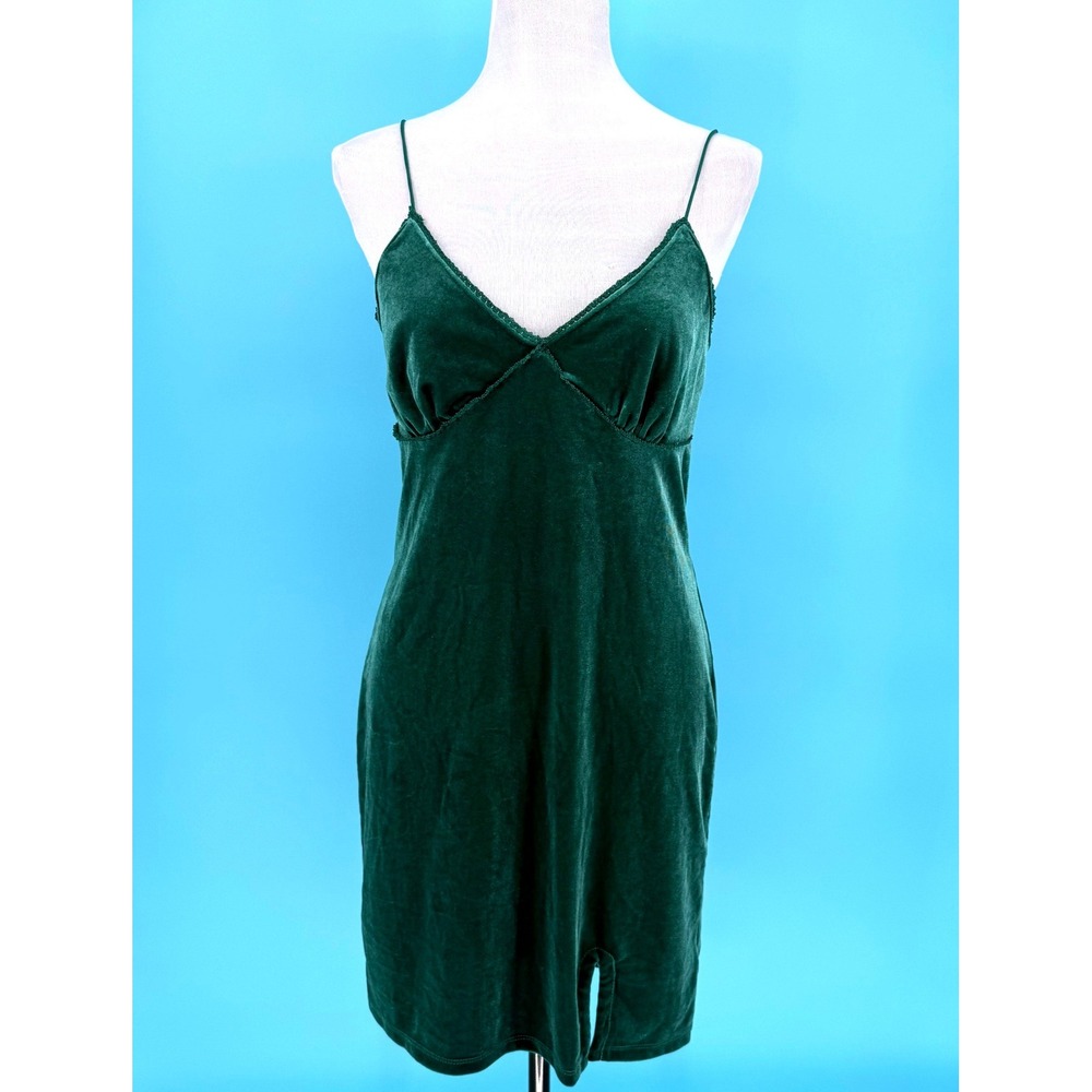 Oak + Meadow Emerald Green Velvet Mini Slip‎ Dress Lace Trim Large Babydoll